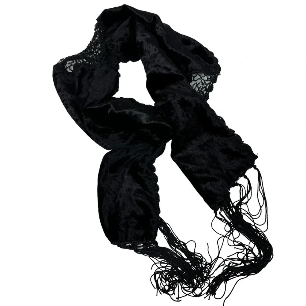 Whimsigoth Black Velvet Lace Fringe Scarf, Vintage Elegance